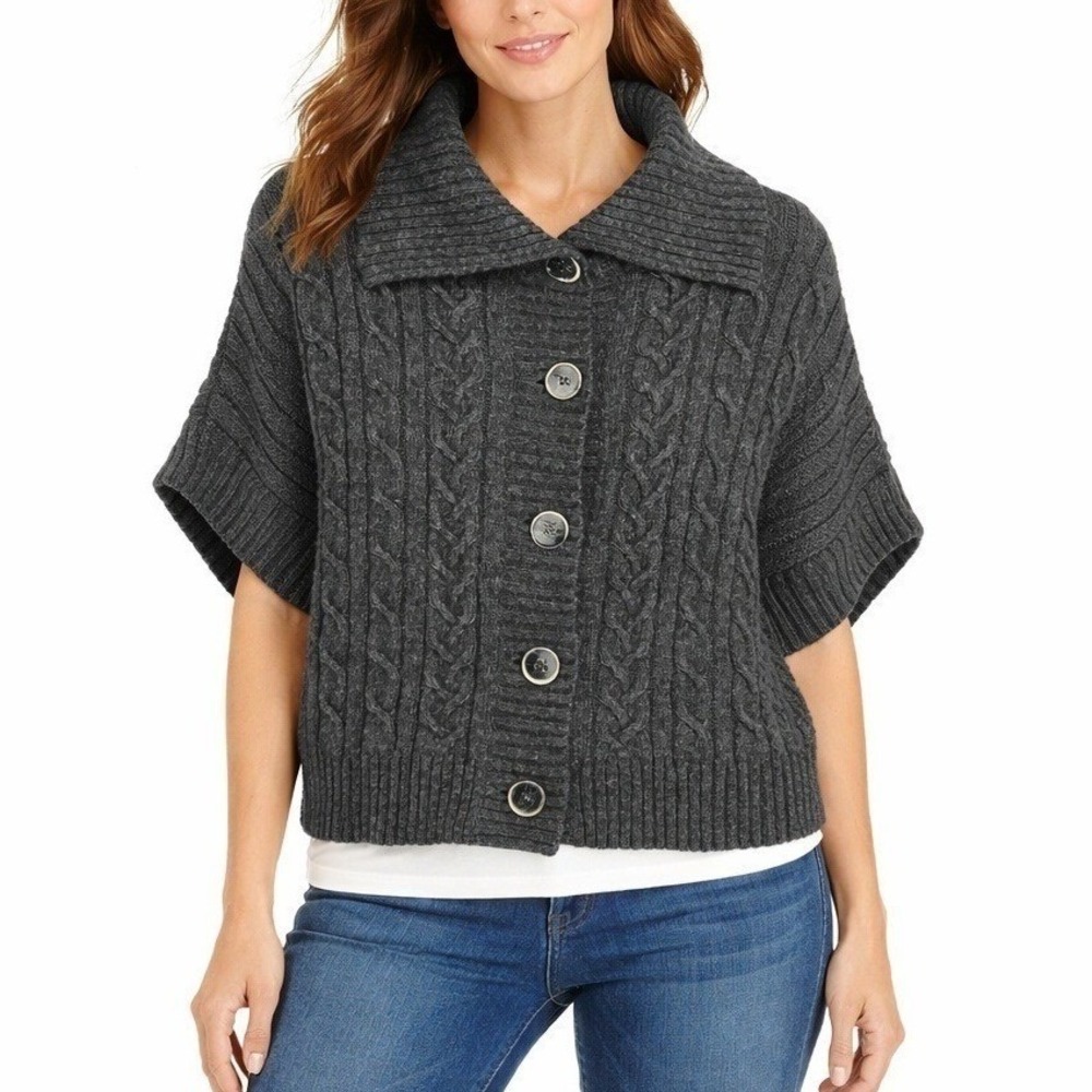 Saks Fifth Avenue Threads L Gray Cable Knit Button Cape Cardigan Women‎ Luxury